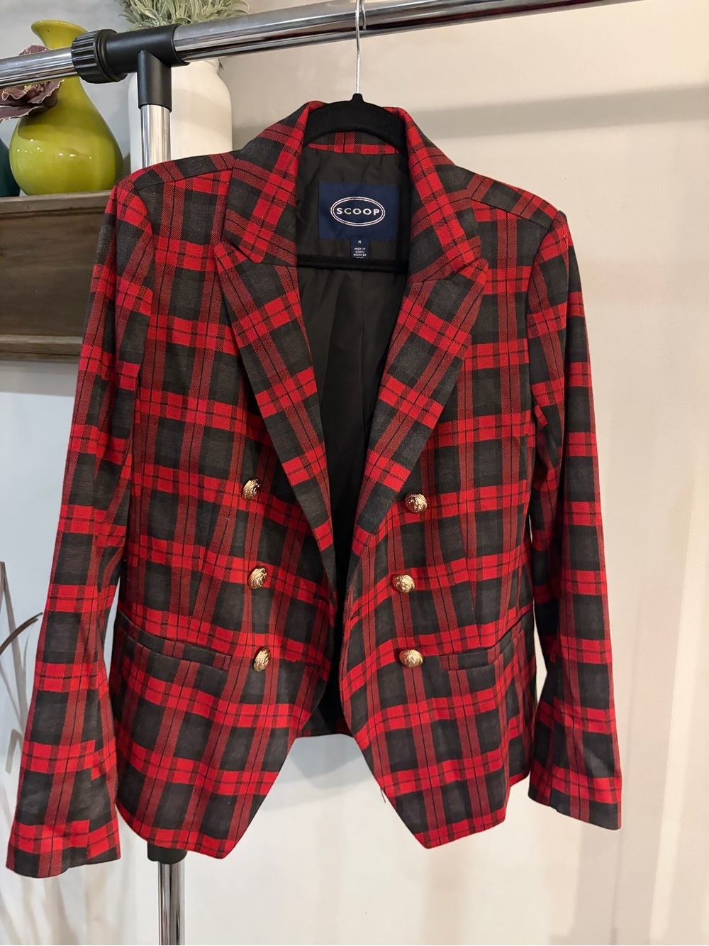 Scoop Red & gray-Black Plaid Double-Breasted Blazer size medium